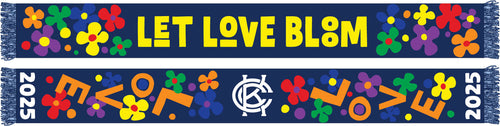 A scarf with a pattern of colorful flowers and the text 'LET LOVE BLOOM' along with the numbers '2025'.