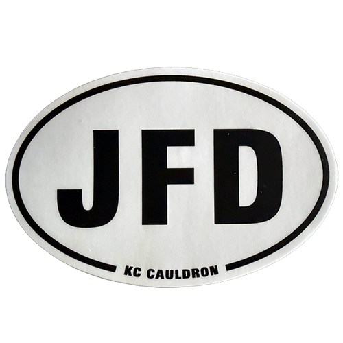 Oval sticker with 'JFD' and 'KC CAULDRON' text on a white background