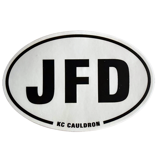 Oval sticker with 'JFD' and 'KC CAULDRON' text on a white background
