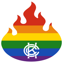 Load image into Gallery viewer, Rainbow flag with a KCC logo in the center, die-cut in the shape of a flame.