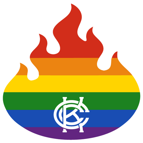Rainbow flag with a KCC logo in the center, die-cut in the shape of a flame.