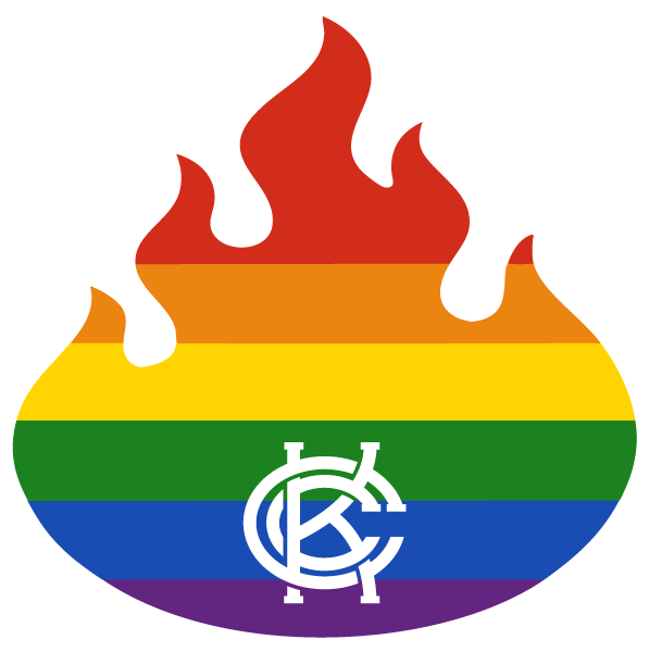 Rainbow flag with a KCC logo in the center, die-cut in the shape of a flame.