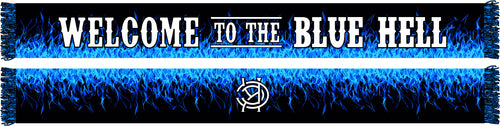 A scarf with blue flames and text that reads 'WELCOME TO THE BLUE HELL'.