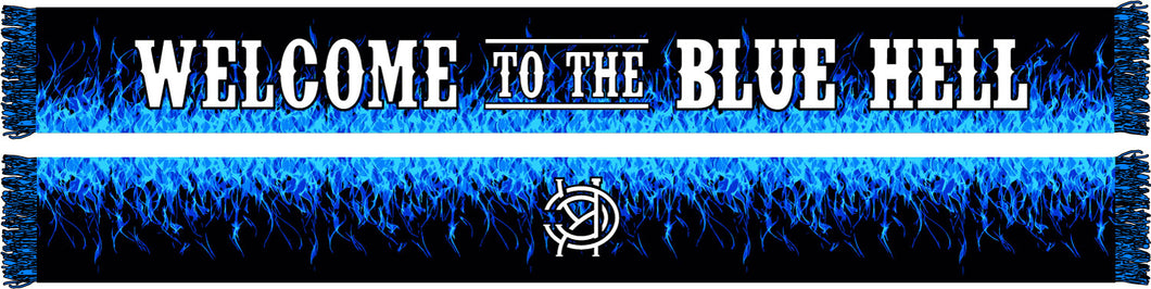 A scarf with blue flames and text that reads 'WELCOME TO THE BLUE HELL'.
