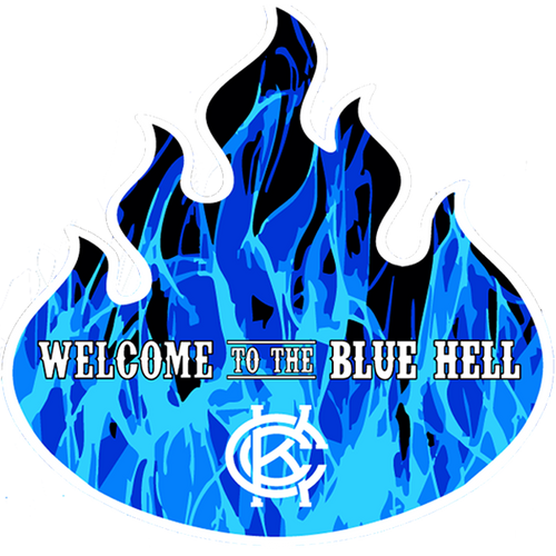 Die cut blue flame design with white 'Welcome to the Blue Hell' text and KCC logo over the top.