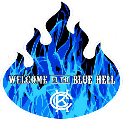 Die cut blue flame design with white 'Welcome to the Blue Hell' text and KCC logo over the top.