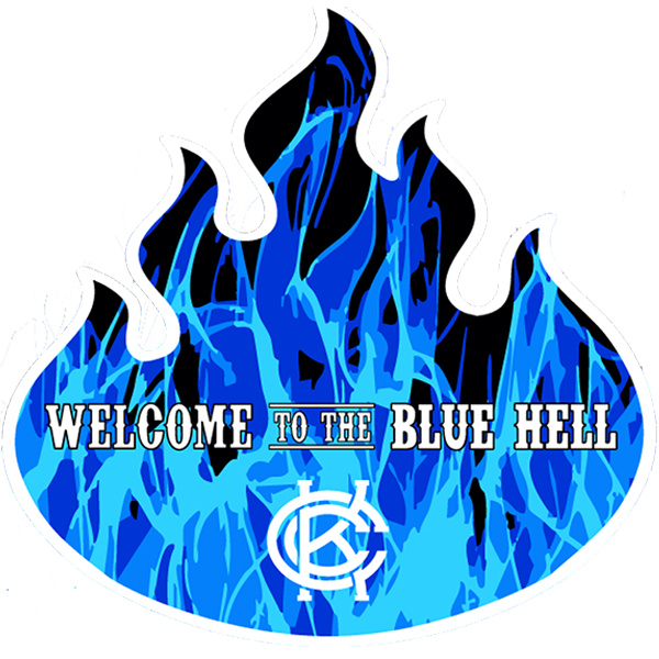 Die cut blue flame design with white 'Welcome to the Blue Hell' text and KCC logo over the top.