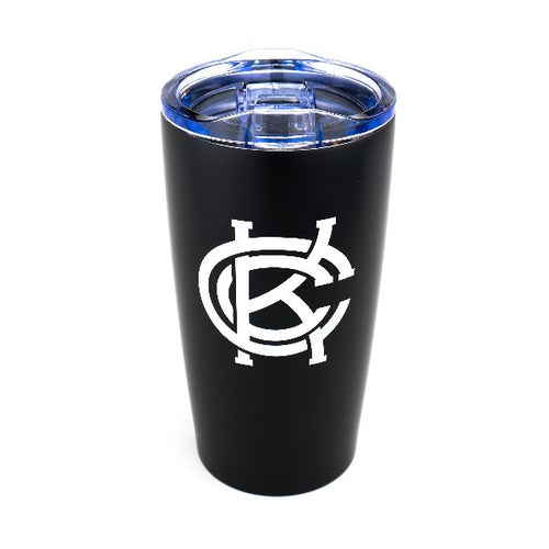 Black tumbler with a KCC logo on a white background
