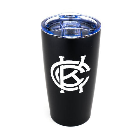 Black tumbler with a KCC logo on a white background