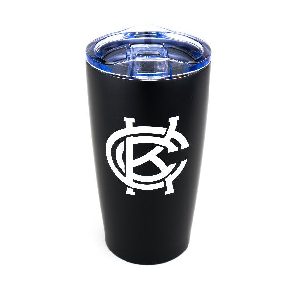 Black tumbler with a KCC logo on a white background