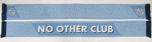 A blue and white scarf with text 'NO OTHER CLUB' displayed prominently in the center of a unique maze pattern.
