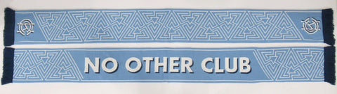 A blue and white scarf with text 'NO OTHER CLUB' displayed prominently in the center of a unique maze pattern.