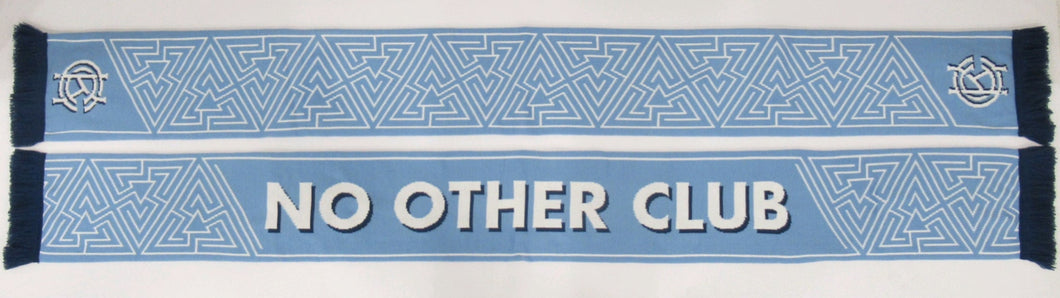 A blue and white scarf with text 'NO OTHER CLUB' displayed prominently in the center of a unique maze pattern.